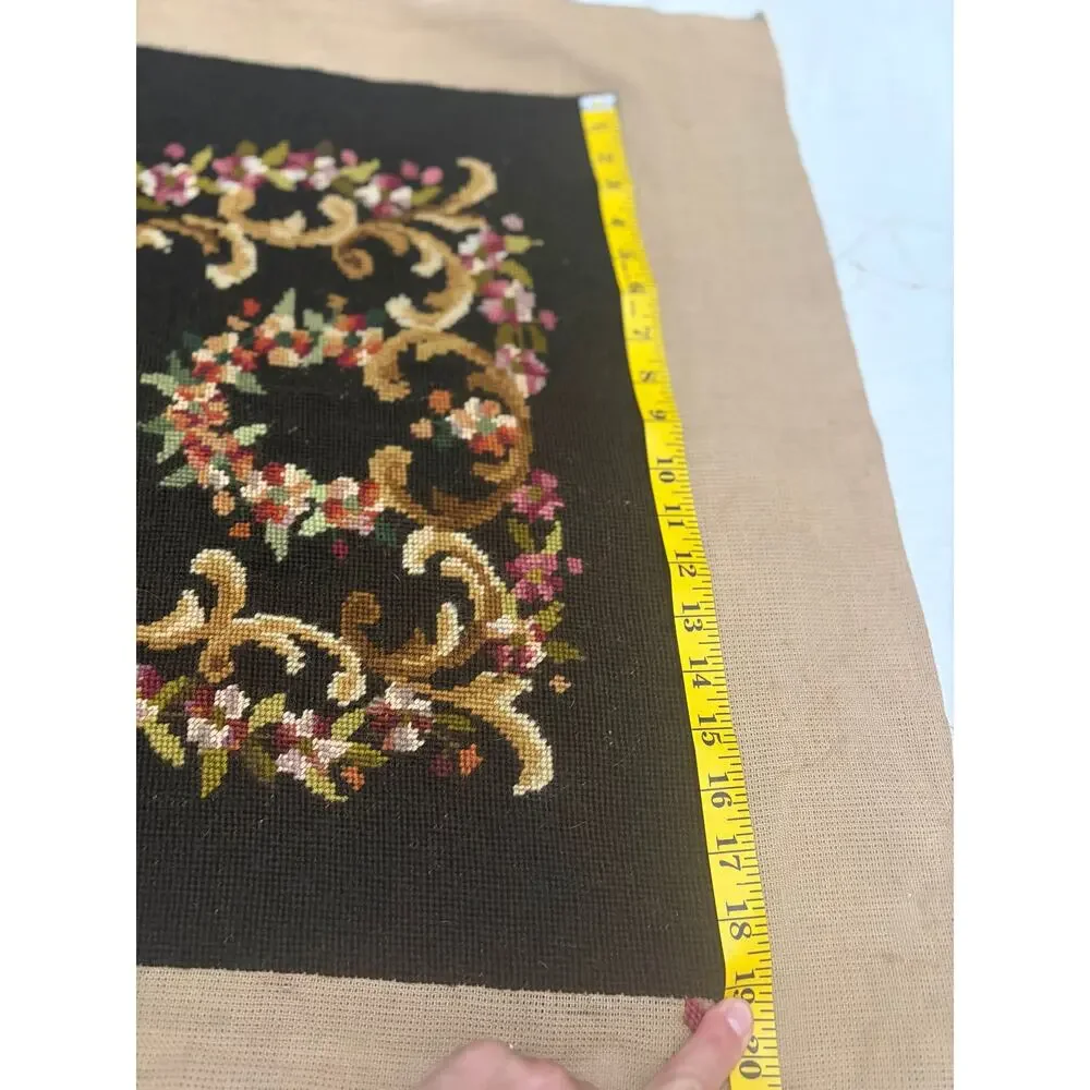 Vintage Handmade Needlepoint Embroidered Bench Top Wool Brown Pink Florals Blue